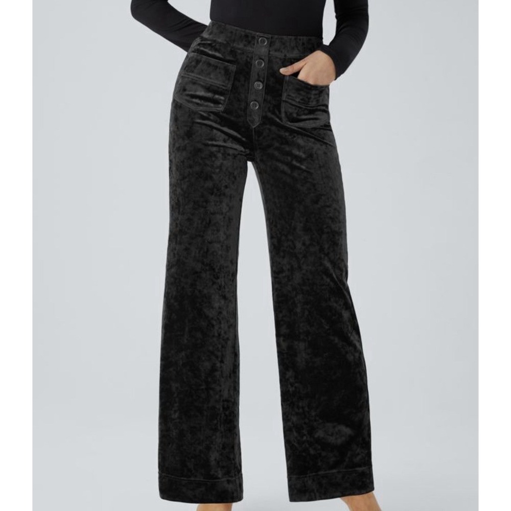Halara High Waisted Pockets Straight Leg Velvet Casual Pants Black Large Regular